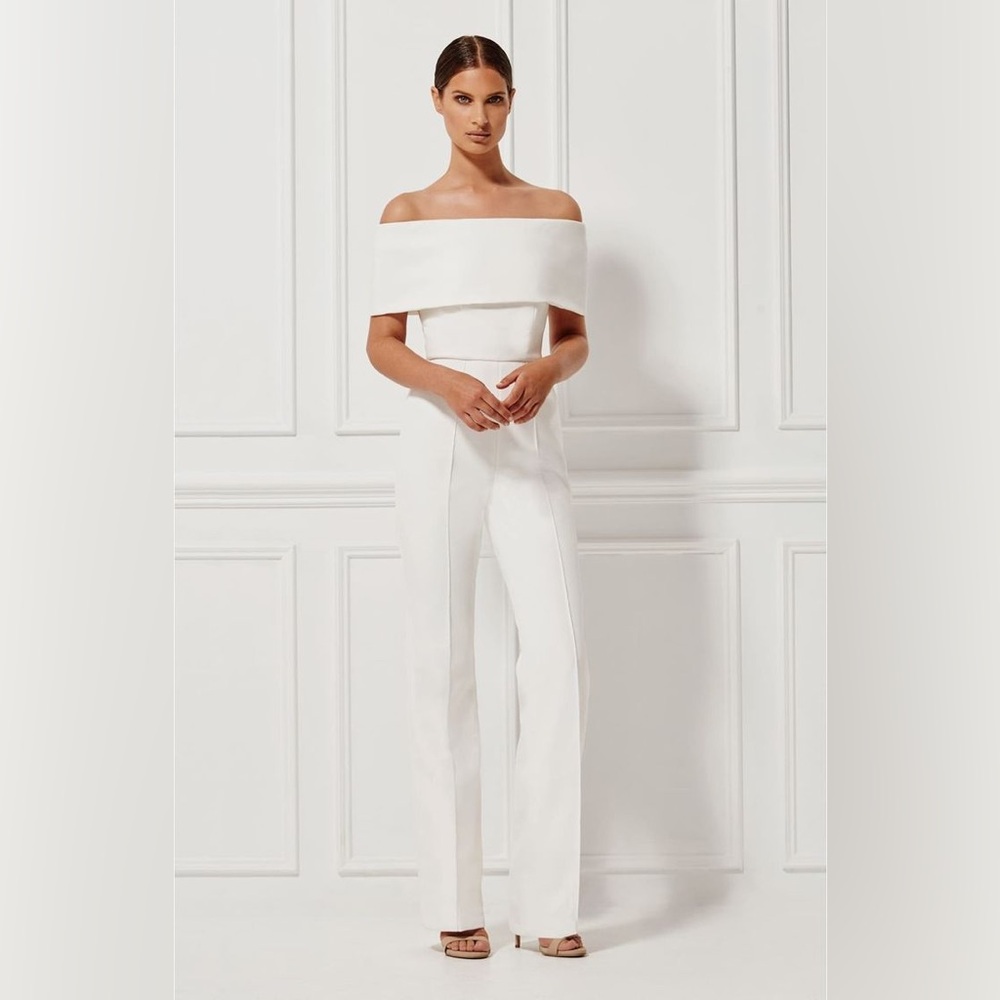 Misha Aphrodite Elegant Off-Shoulder White Jumpsuit
